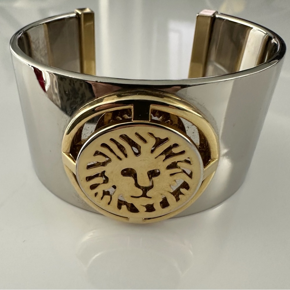Anne Klein Silver and Gold Lion Medallion Cuff Bracelet